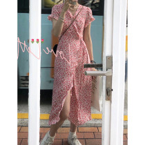 Rosewood Pink Rose Crushed Floral Dress Woman Summer Design Sensation Lace One-Piece Strap V Collar Temperament Long Skirt