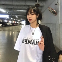 Short-sleeved female 2021 New Korea ins Harajuku bf wind Joker loose Old Girl T-shirt Hong Kong flavor mourning