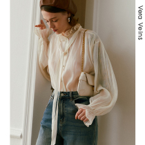 Lantern sleeve silk shirt 2021 Autumn New loose design sense niche ruffled white shirt Women
