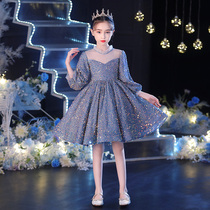Girl dress foreign flower girl wedding little girl puffy princess skirt long sleeve children high-end piano performance clothing winter
