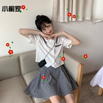 (Two-piece set) 2020 Summer Korean uniform shirt top plaid pleated skirt half skirt A- line dress tide