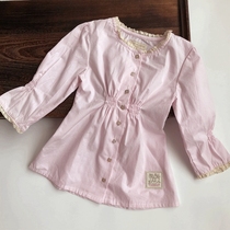 New autumn clothing foreign trade Denmark original single girl childrens cotton plaid seven-point sleeve shirt shirt literary fresh pink White