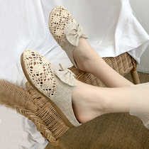 2021 Korean Lace Baotou mesh half slippers female summer hollow linen woven lazy people wear sandals and slippers female summer