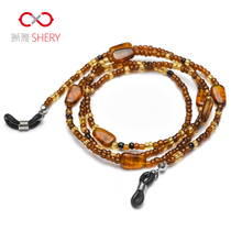 Glasses chain hanging neck retro anti-slip glass bead sunglasses male and female ink old flower mirror with hanging rope fashion eye chain