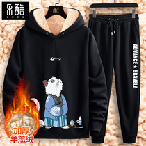 Teen plus velvet padded pants men winter warm pants lamb cashmere sweatpants casual set middle school students cotton pants