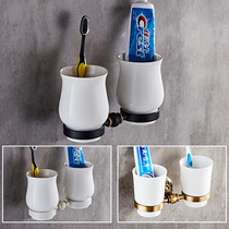 Punch-free wash mouth cup set wall-mounted space aluminum brush Cup European toilet toothbrush cylinder shelf Black