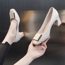 Late Wind Tenderness Single shoe Summer 2022 New fashion coarse heel Heel Shallow square button One foot pedal High heel shoe 100 hitch