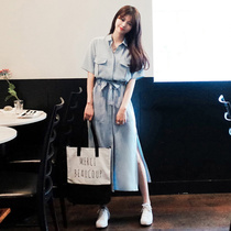 Hong Kong counter 2021 summer new womens literature and art hipster long waist short sleeve chiffon shirt dress