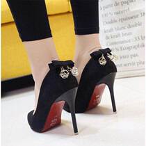 2022 shoes female students Korean version of high heels womens stiletto pointed toe season rhinestone knot black work shoes women