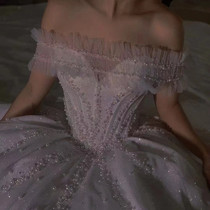 High-end Nail Pearl Bride Wedding Dress dress with a straight shoulder strap shielded shoulder arm decorated shoulder yarn neck yarn