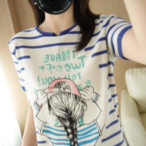 Strip knitted short sleeve label loose casual t-shirt 2022 summer new cotton Korean short coat