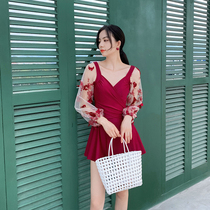 Swimsuit female fairy fan conservative one-piece skirt long-sleeved butterfly ins wind sexy trend thin cover belly small chest gathered