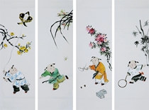 Four-screen figures (82) Chinese painting Fuwa Fuwa Futong calligraphy and painting without style