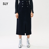 SLY summer new high-waisted button wool black temperament medium-long skirt 038DAH31-6980