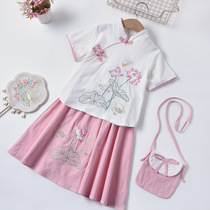 Hanfu Girls Summer Ancient Wind 2022 New China Wind Cotton Linen Short Sleeve Little Girl Ming Make Thin Qipao Suit