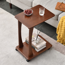 Sofa side several movable bedside table C type side table solid wood small coffee table bedroom belt wheel bedside table