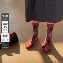LET ME SEE retro style diamond lattice color color color color color color socks women autumn and winter Academy wind Joker Japanese socks