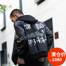 Tide brand street loose leather mens leather hooded handsome printing head layer cowhide youth locomotive clothing leather jacket tide