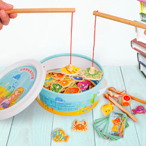 Childrens fishing toy set Wooden magnetic early education educational toys 1-3 years old children baby kitten fishing rod