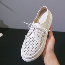 Single shoes womens 2021 New Spring Joker leather hollow lace-up thick soled Korean version of two wear casual step with cake shoes