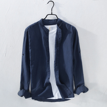 Trend Japanese stand-up collar cotton and linen shirt Mens casual linen long-sleeved top clothes Summer round neck linen shirt