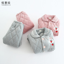 Winter childrens pajamas set thickened quilted mid-length girl baby crystal velvet coral velvet boys home clothes