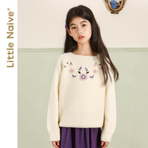 LittleNaive childrens wear girls round neck sweater loose long sleeve autumn pullover childrens sweater White