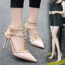 High heel shoe woman 2021 Summer new word button Pointed Thin Heel Single Shoe Fashion Rivets slim sandal women
