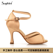 Boutique handmade custom female style medium-high heel soft-bottom champagne denim denim Bamba samba precisely the national standard Latin dance shoes