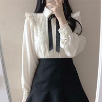 Shirt woman design feeling small crowd 2022 spring autumn winter new Korean version lace lining with long sleeve butterfly knot snow-spinning blouse