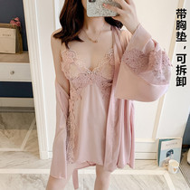 Pajamas Woman Spring Autumn With Chest Cushion Detachable Upscale Silk Lace Hollow Harnesses Sleeping Dresses Sleeping Robes Two Suits