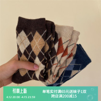 3 Double Loaded) Japanese Rhombus Gwool Socks Woman Thickened Warm Autumn winter Inn Retro cashmere Silo Socks