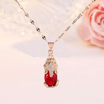 Titanium Steel Non-fading Rose gold Pixiu Pendant Necklace Female Red Gem Crystal Clavicle Chain Valentines Day Gift