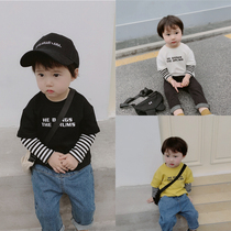 Cute childrens clothing handsome baby spring dress childrens striped sleeves fake Two T-shirt boys long sleeve base shirt shirt