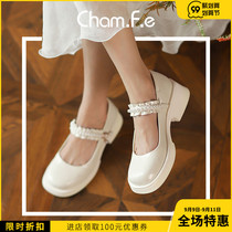Leather Japanese small white shoes pearl lace thick heel Mary Jane shoes autumn small fragrant wind middle heel single shoes women 527s
