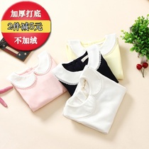 2021 Spring Girl lapel cotton long sleeve T-shirt middle and big child doll collar base shirt baby plus velvet coat childrens clothing