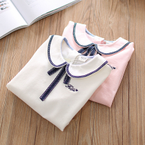 Girls long sleeve T-shirt cotton spring and autumn 2021 Korean childrens clothing college style bow foreign childrens baby shirt