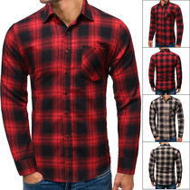 2019 foreign trade youth casual fashion single pocket comfortable slim foreign trade large size plaid long sleeve shirt men