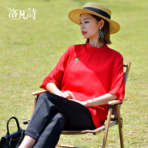 Lofan Poetry 2022 Summer New Genuine Silk High-end Fashion Minimalist Sauna Silk Blouse Red Upright Neckline Shirt