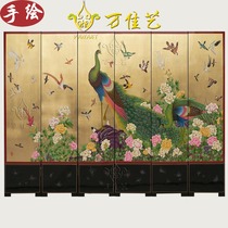  Bird figure hand-painted paint painting folding peony screen New Chinese folding screen painted partition Hotel gold leaf decorative painting