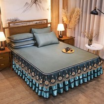 High-end ice rattan mat bed skirt three-piece non-slip bed cover mat summer removable lace bed set washed air conditioning mat