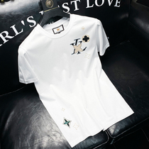 European station ice-silk light cotton white t-shirt male short sleeve swarm with summer slim fit and round collar T-shirt half sleeve mens tide