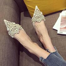 European and American beaded fashion stilettos Bow pearl sweet pointed cool drag Baotou silk segment elegant womens slippers