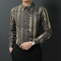2021 Spring autumn free of scalding striped long sleeve shirt male Korean version handsome and stylish and casual light business mens lining