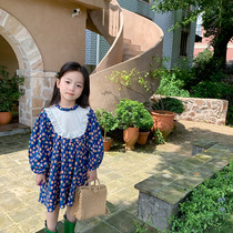 Girls Long sleeves Broken Flowers One-piece Dress 2021 Autumn Korean Version Children Round Collar Cotton Fabric Lace Round Pocket Loose Inner Lap Dresses
