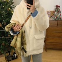 Acha and Agu wear white plush denim jacket mens winter trend Joker thick warm jacket