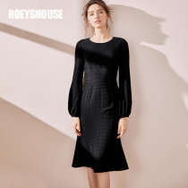 Luo Yi temperament lantern sleeve fashion jacquard dress female New elegant fishtail pendulum slim black skirt 02734