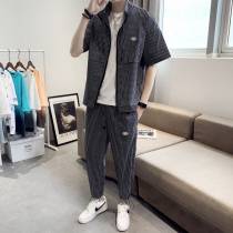 Plaid suit mens summer boomer handsome short sleeve shirt with 90% bunches of pants and two matching breathable mens clothing