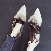 Europe station coarse heel Mueller shoes womens woolen shoes winter outwear 2020 new stylish pointed single shoe Baotou Half slippers
