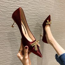 Wedding shoes can normally be worn with 100 hitch-hairy shoes female red high heel shoes female fine heel 6cm little high heel single shoe lady autumn winter